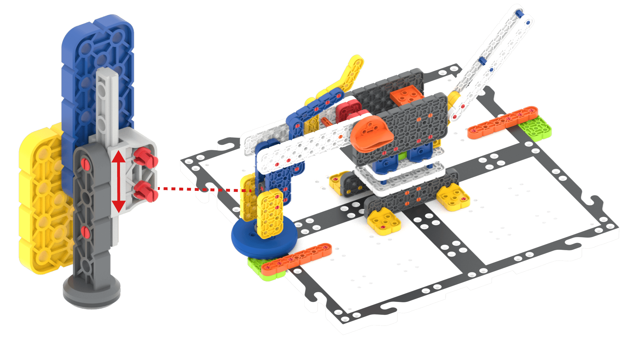 VEX GO roboto rankos konstravimo schema su padidintais slydimo sijos ir bloko elementais, kad pamatytumėte, kaip jie yra įtraukti į dizainą.