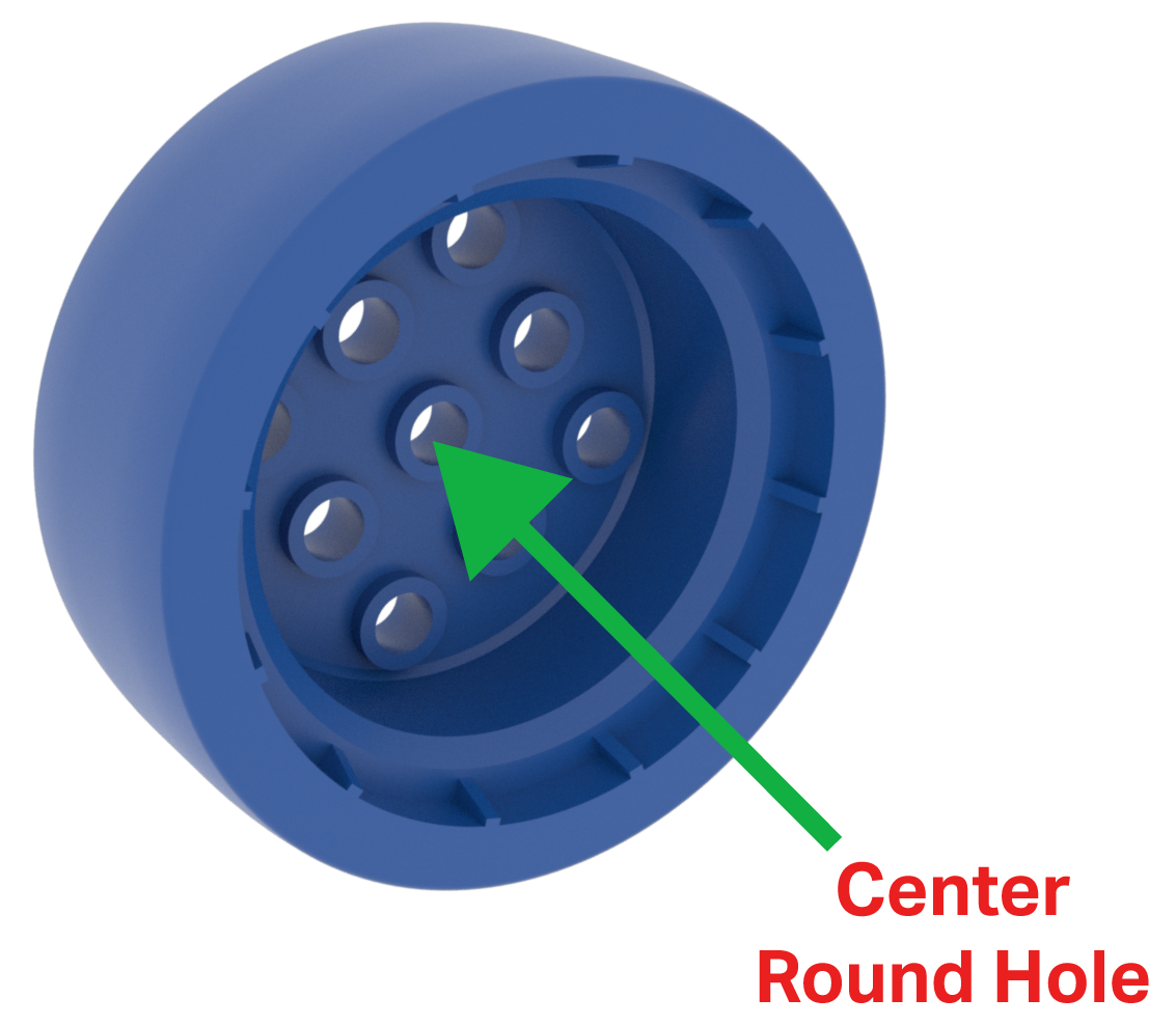 Schéma de la pièce de la Roue Bleue, illustrant qu'elle possède une grille de 3 par 3 trous ronds. Le trou rond central est destiné à s'adapter à l'axe de la roue.