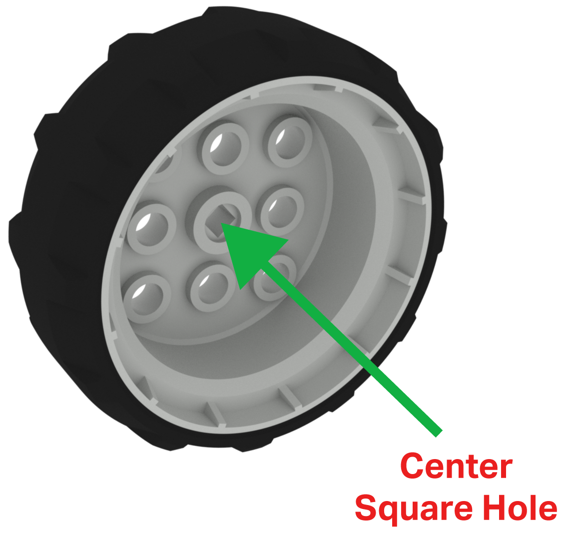 Schéma de la pièce Gray Wheel, illustrant qu'elle possède une grille de trous de 3 par 3. Tous les trous sont ronds, à l'exception du trou central, qui est carré et est destiné à s'adapter à l'axe de la roue.