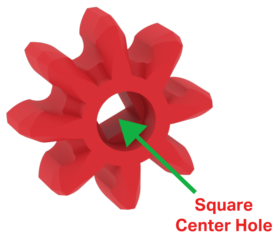 A Red Gear darab diagramja, amely azt szemlélteti, hogy a közepén egyetlen négyzet alakú lyuk van, amely a fogaskerék tengelyéhez illeszkedik.