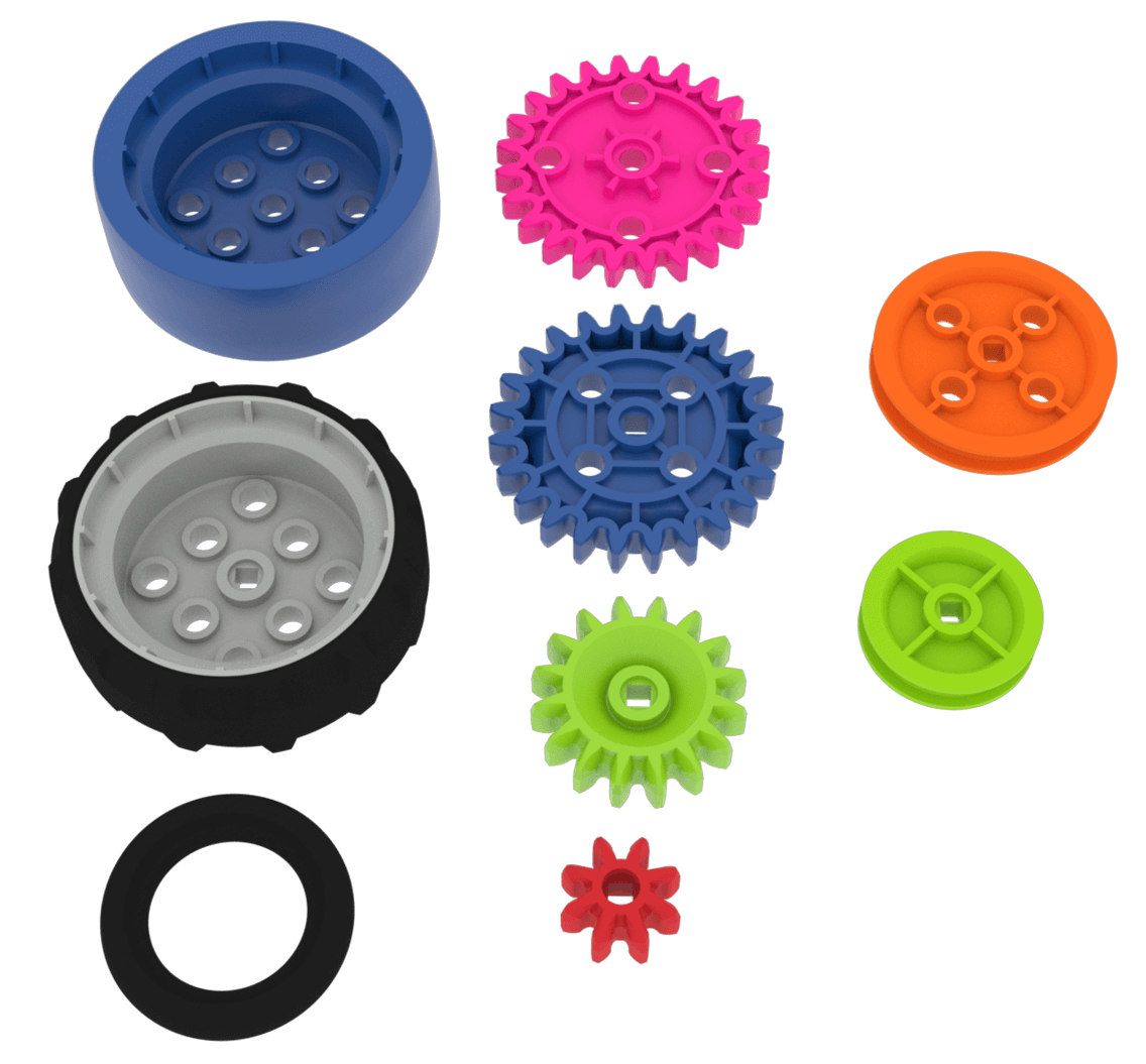 VEX GO キットのホイール、ギア、プーリー部品すべての図。