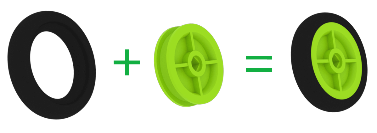 Esquema do pedaço de pneu a ser fixado à borda exterior de uma peça de roldana verde para criar uma roda. A peça da polia verde tem um único furo quadrado no centro que se destina a encaixar o eixo da polia.