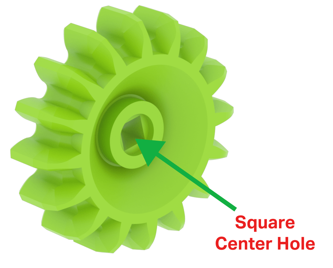 Esquema da peça Green Gear, ilustrando que tem um único furo quadrado no centro que se destina a encaixar o veio da engrenagem.