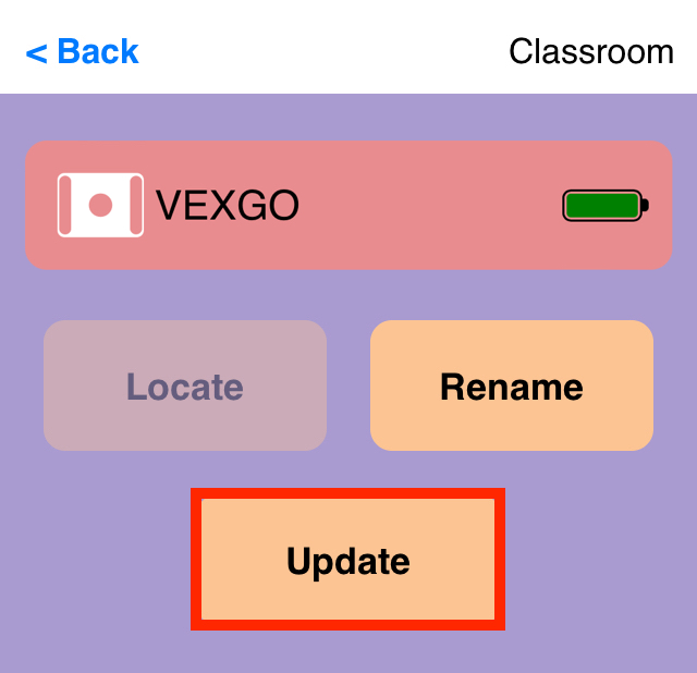 GO роботының мәзірі ашылған және «Жаңарту» түймесі бөлектелген VEX Classroom қолданбасы.