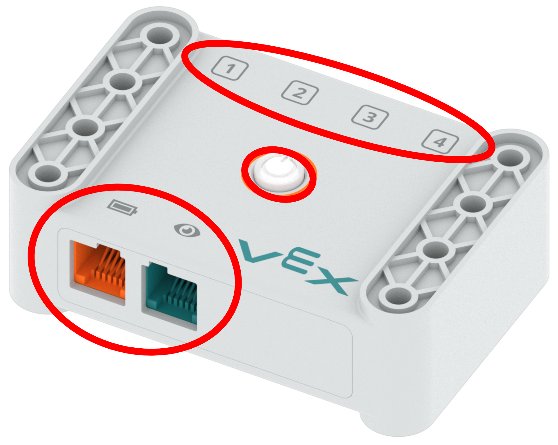 GO Brain với các tính năng nổi bật. Các tính năng bao gồm Nút nguồn, Cổng pin, Cổng cảm biến mắt và 4 Cổng thông minh.