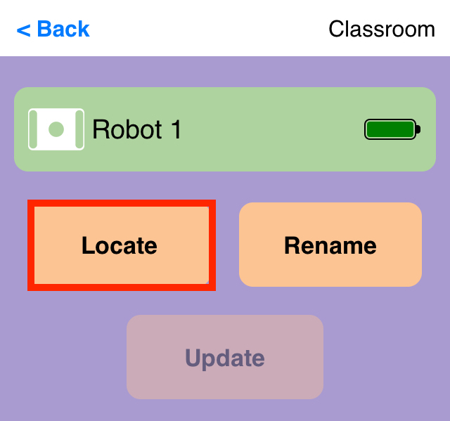 تم فتح تطبيق VEX Classroom مع قائمة GO Robot وإبراز زر "تحديد الموقع" على اليسار.