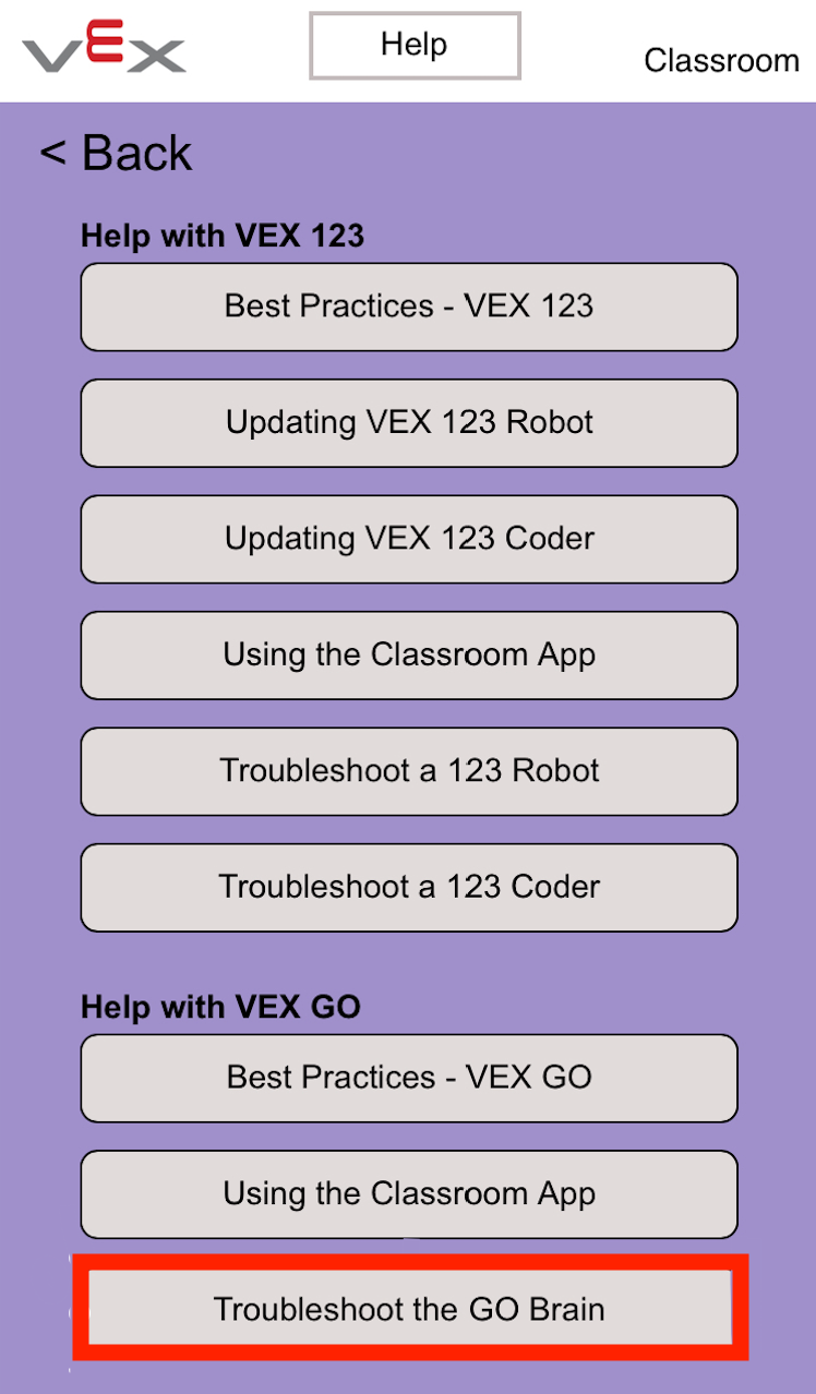 Helpscherm van de VEX Classroom-app, met een lijst met koppelingen naar VEX Library-artikelen over VEX 123 en VEX GO. De link onderaan, Problemen met de GO Brain oplossen, is gemarkeerd.