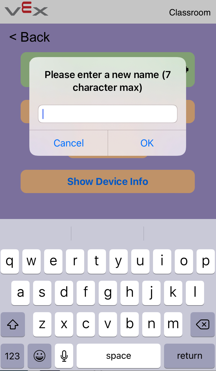 VEX Classroom-app nadat op de knop 'Naam wijzigen' is geklikt. Er verschijnt een prompt met de tekst 'Voer een nieuwe naam in (maximaal 7 tekens)' en er is een tekstveld om de nieuwe naam in te voeren.