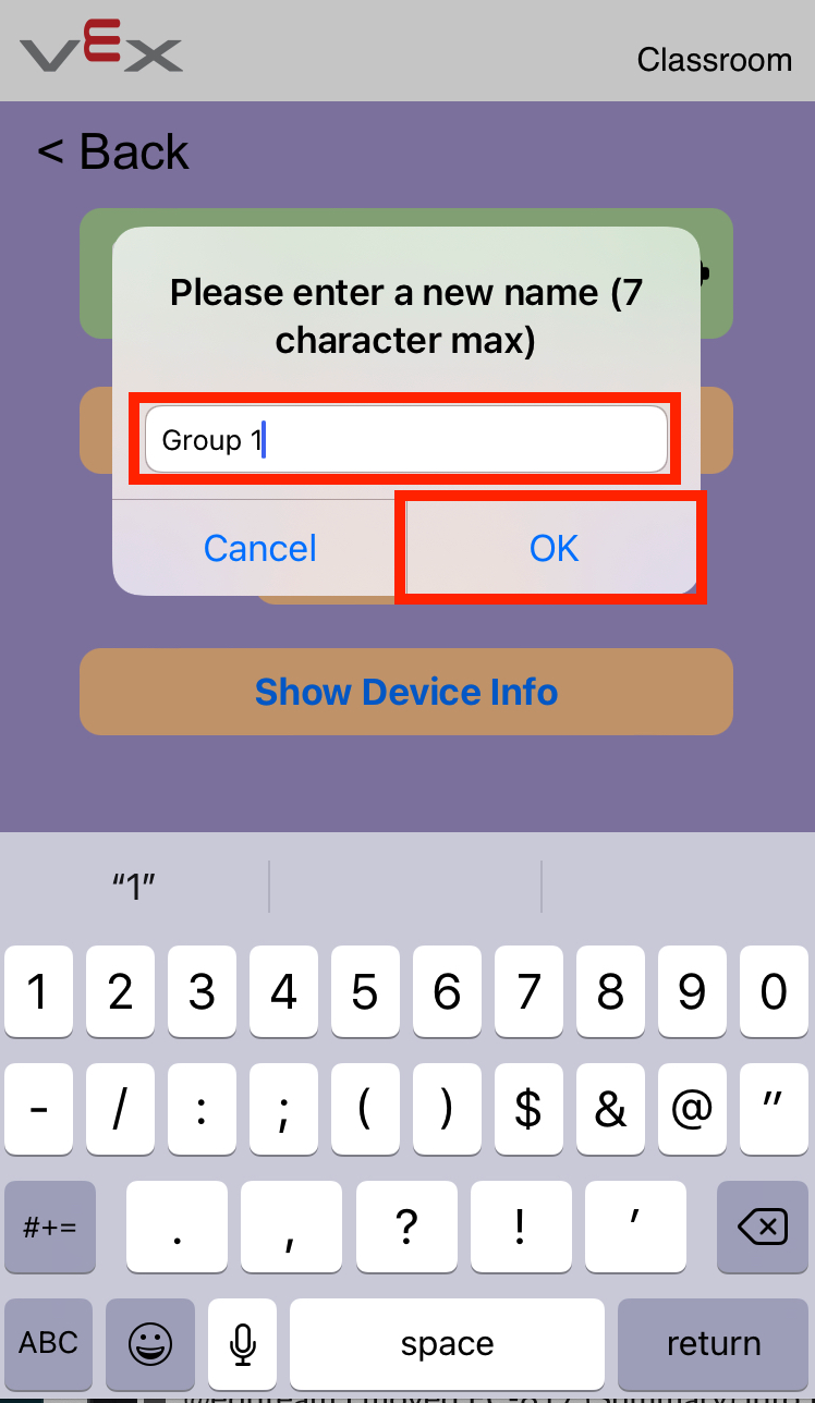 VEX Classroom-app nadat op de knop 'Naam wijzigen' is geklikt. Het naaminvoerveld van de hernoemprompt en de OK-knop zijn beide gemarkeerd en de naam Groep 1 is ingevuld.