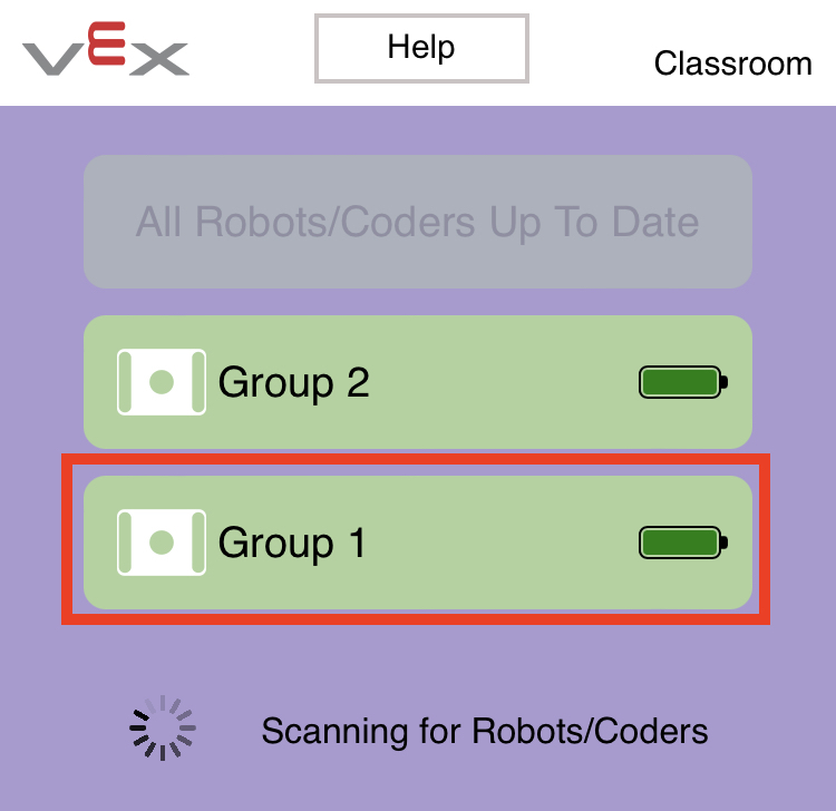 VEX Classroom-app met twee verbonden GO Brains in een lijst. Eén GO Brain wordt gemarkeerd, wat aangeeft dat u deze kunt vinden door deze te selecteren.