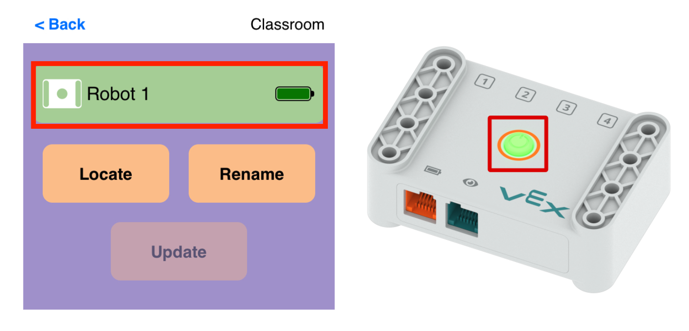 GO Brain mostrato nell'app VEX fianco a fianco con il GO Brain a cui è abbinato. Sia il nome nell'app che la spia luminosa del Brain si illuminano di verde per indicare che l'associazione è avvenuta correttamente.