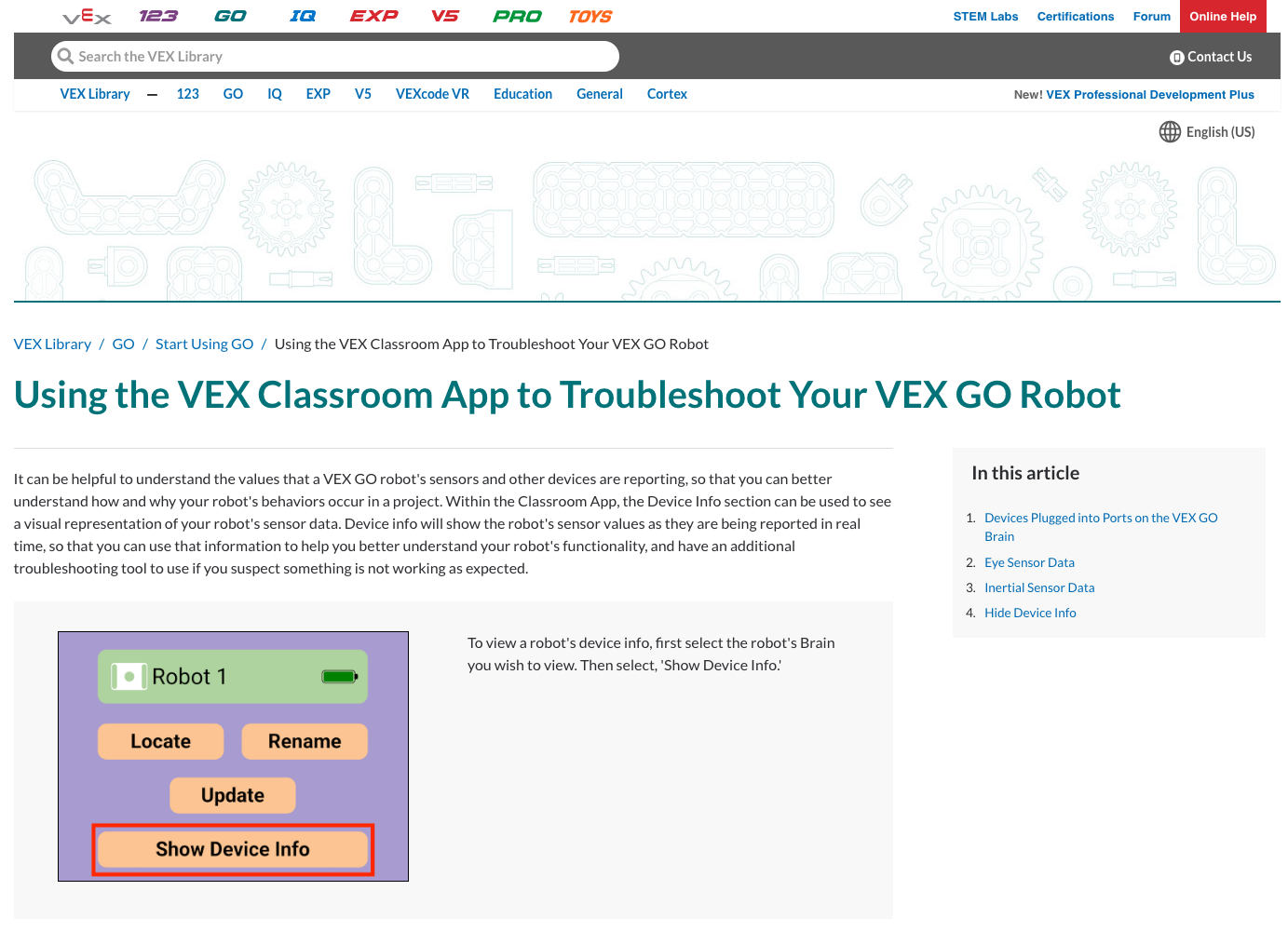 Ekrānuzņēmums no VEX bibliotēkas raksta, kas tika atvērts no VEX Classroom App palīdzības ekrāna.