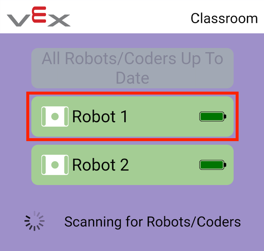 Aplikacja VEX Classroom z dwoma połączonymi mózgami GO Brain w formie listy. Podświetlony jest jeden mózg GO Brain, co oznacza, że można otworzyć jego dane z czujników, wybierając go.