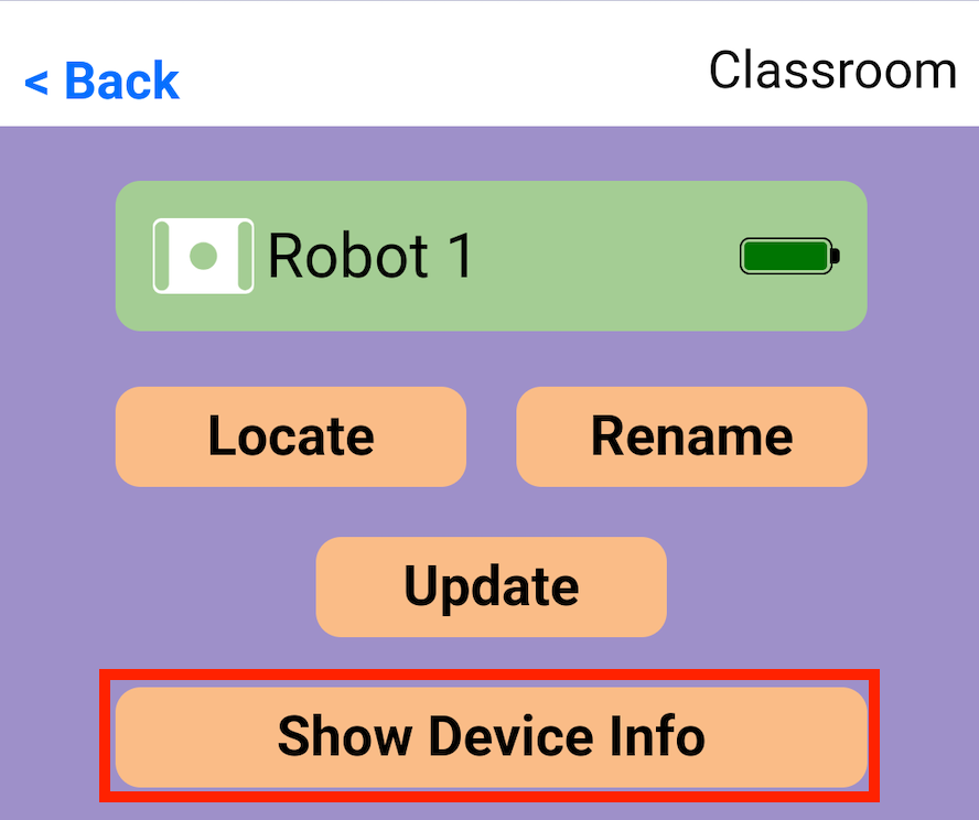 Application VEX Classroom avec un menu GO Brain ouvert et le bouton « Afficher les informations sur l'appareil » mis en surbrillance ci-dessous.