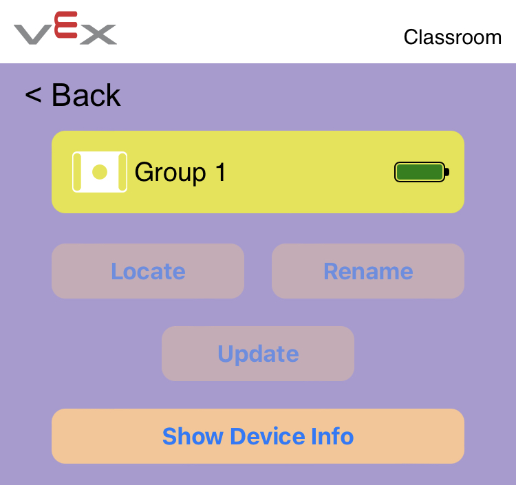'찾기' 버튼을 선택한 후의 VEX Classroom 앱입니다. GO Brain의 이름이 노란색으로 켜져 위치 프로세스가 시작되었음을 나타냅니다.