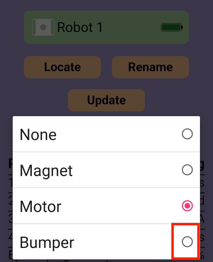 Snímání dat v aplikaci VEX Classroom App s otevřenou rozevírací nabídkou typu Smart Port a změnou typu portu z Motor na Bumper.