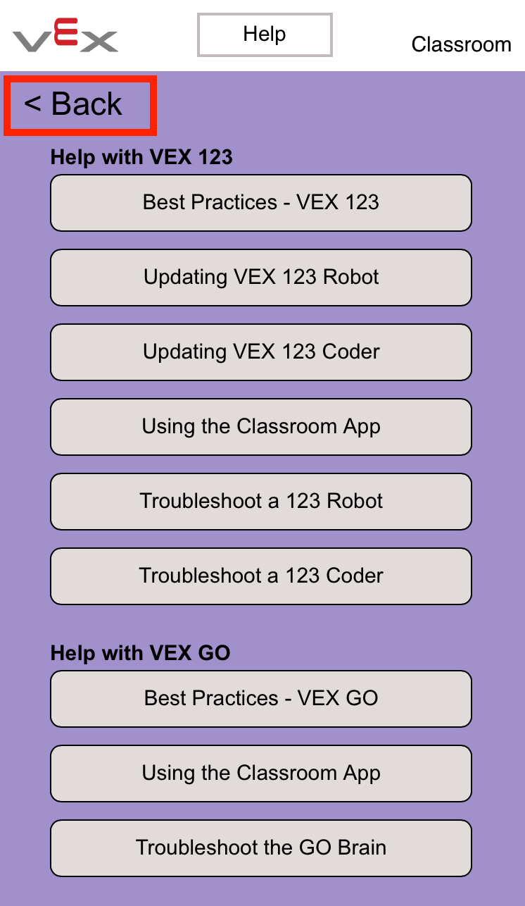 VEX 教室アプリのヘルプ画面。左上の「戻る」ボタンが強調表示されています。