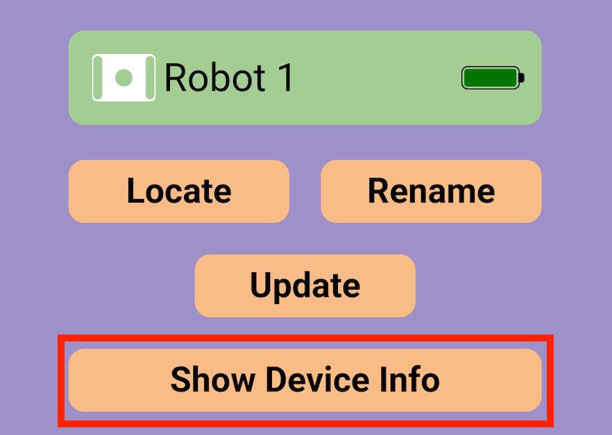GO Brain のメニューが開かれ、下部に「デバイス情報を表示」ボタンが強調表示された VEX Classroom アプリ。