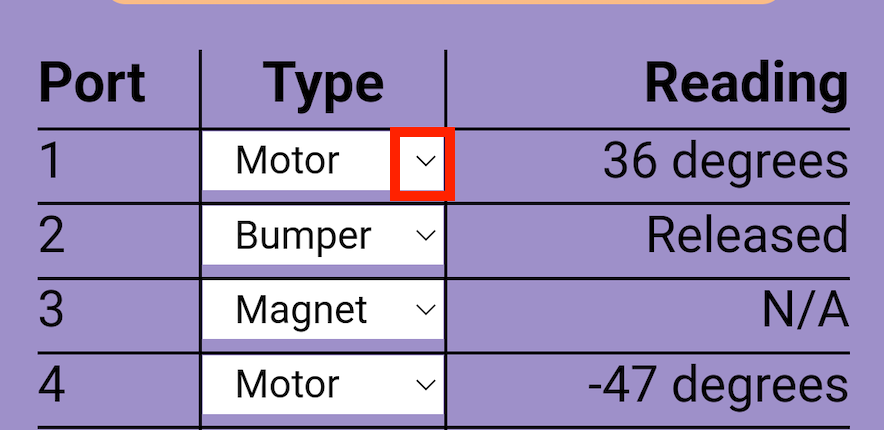Détection de données dans l'application VEX Classroom avec la flèche à côté du type de port intelligent en surbrillance, indiquant qu'elle peut être utilisée pour modifier le type de détection attendu.