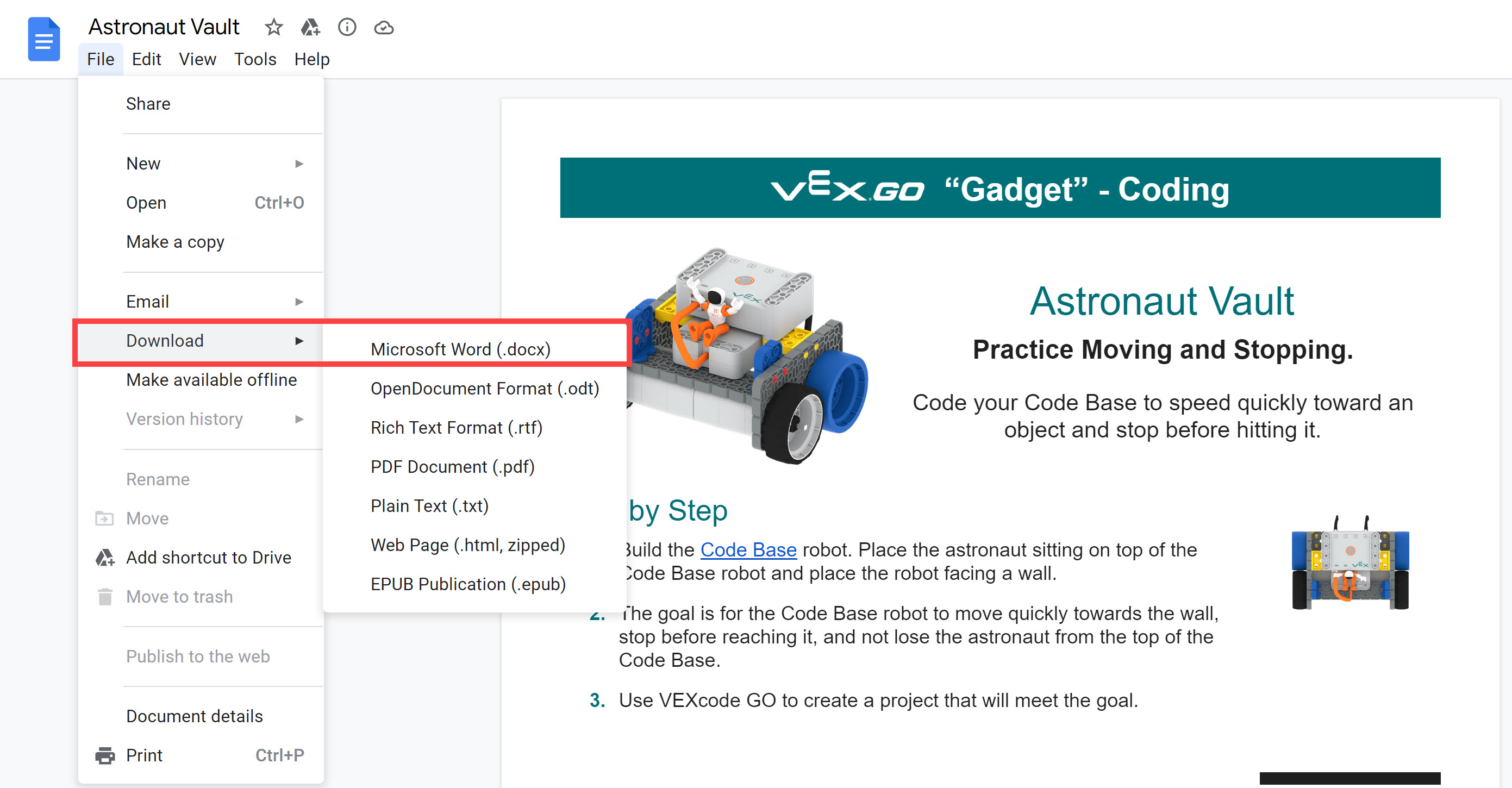 Captura de pantalla de una actividad GO abierta en Google Docs con el menú desplegable Archivo abierto y la opción Descargar - Microsoft Word resaltada. La opción Descargar es la sexta desde la parte superior del menú de archivo, y Microsoft Word es la primera opción dentro del menú Descargar expandido.