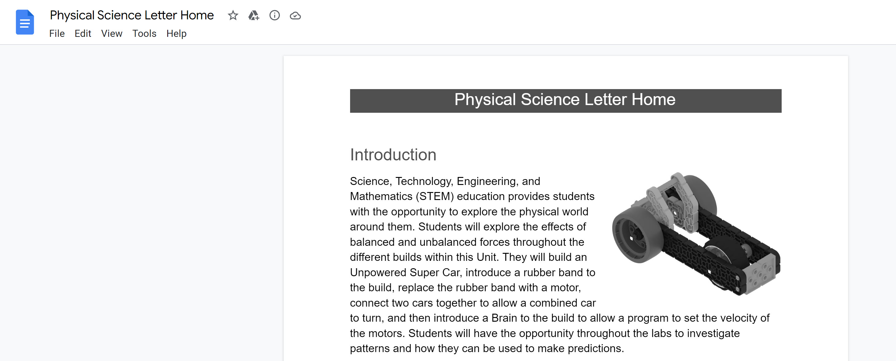 Скриншот страницы Physical Science Letter Home, открытой в Google Docs, демонстрирует, что другие ресурсы также можно копировать и настраивать.