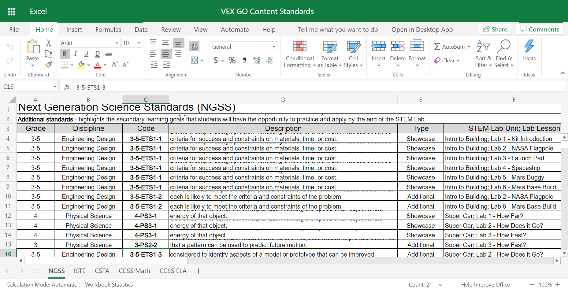لقطة شاشة لمعايير محتوى VEX GO التي تم تنزيلها كملف .xlsx وفتحها في Microsoft Excel، مما يوضح أنه يمكن تنزيل الموارد الأخرى وتحريرها أيضًا.