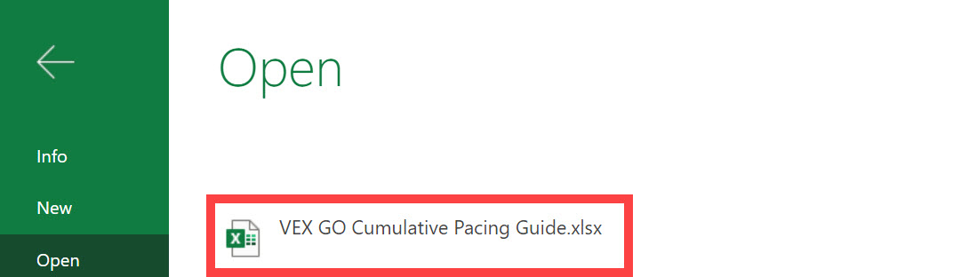 ภาพหน้าจอของตัวเลือก เปิด ใน Microsoft Word พร้อมเน้นไฟล์ VEX GO Cumulative Pacing Guide .xlsx ที่ดาวน์โหลดมา