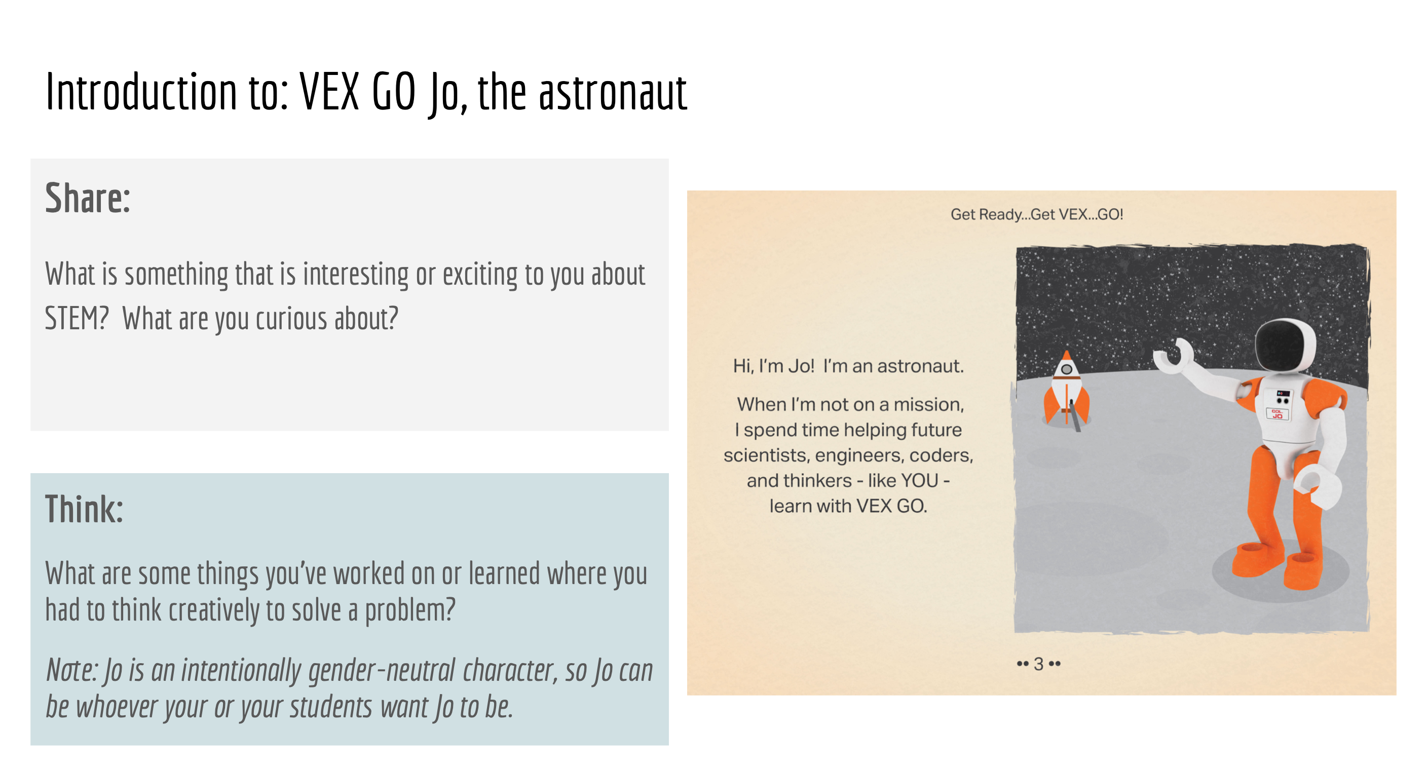 La terza pagina della Guida per l'insegnante per la presentazione Get Ready, GET VEX, GO, presenta la pagina specifica della storia insieme a una spiegazione dello scopo della pagina. Il testo recita: "Introduzione a: VEX GO Jo, l'astronauta". Accanto alla pagina sono presenti note per l'insegnante, con consigli su come coinvolgere gli studenti in un'attività di condivisione e in un'attività di riflessione.