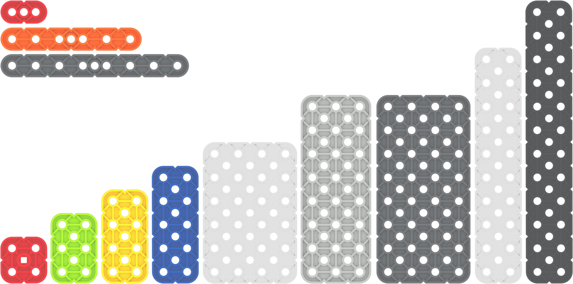 Diagramm der Balken- und Plattenteile, die in den GO Discover-Aktivitäten verwendet werden. Es gibt insgesamt 12 Stücke, die jeweils der Liste unten entsprechen, und von jedem wird nur eines angezeigt.