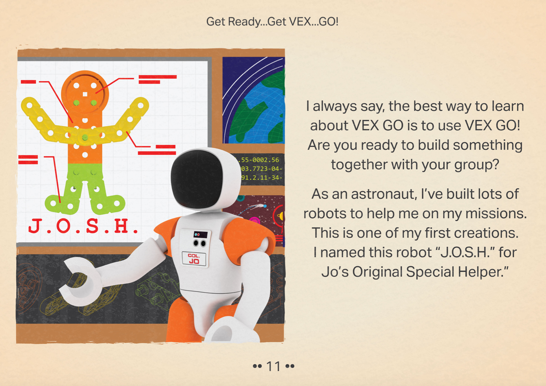 Halaman kesebelas dalam buku PDF Get Ready, GET VEX, GO menampilkan ilustrasi Jo sang astronot tengah merancang robot dan teks untuk melibatkan siswa dalam cerita.