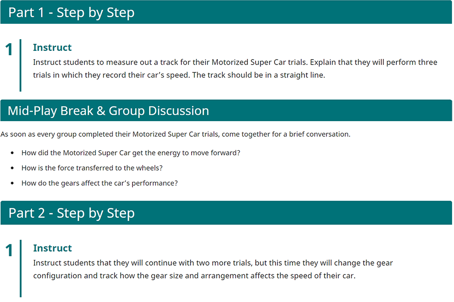 Tangkapan layar bagian Bermain di Lab STEM, untuk mengilustrasikan format umum bagian Bermain.