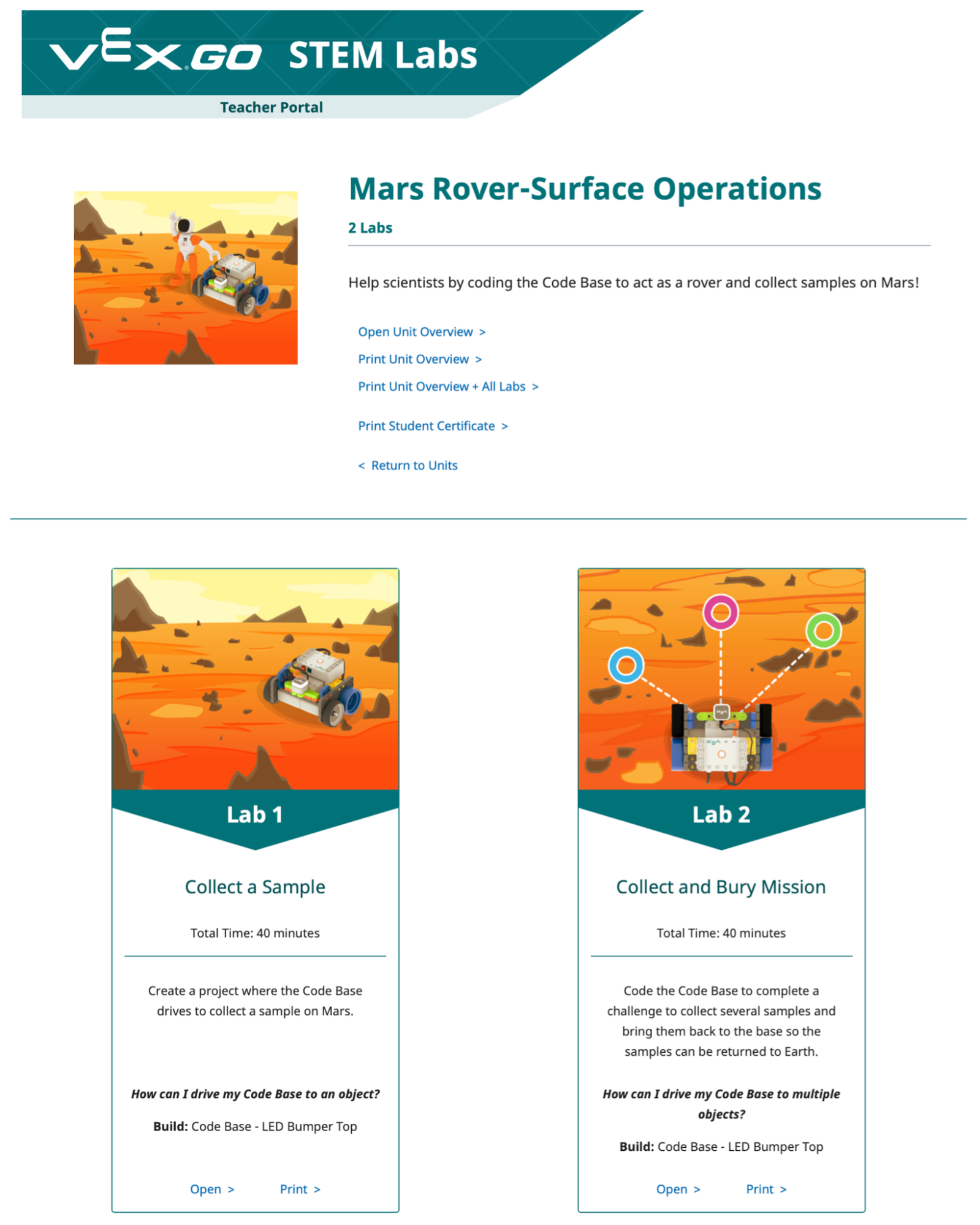 „Mars Rover-Surface Operations GO Unit“ puslapio ekrano kopija kaip pavyzdys su nuorodomis į įrenginio apžvalgą, sertifikatą ir įrenginio STEM laboratorijas.