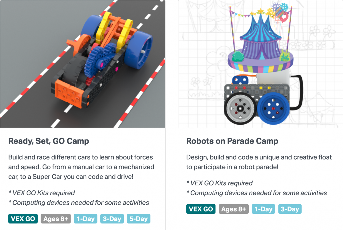 Dvi VEX GO Camp plytelės, viena pavadinta Ready, Set, GO Camp, o kita pavadinta Robots on Parade Camp.