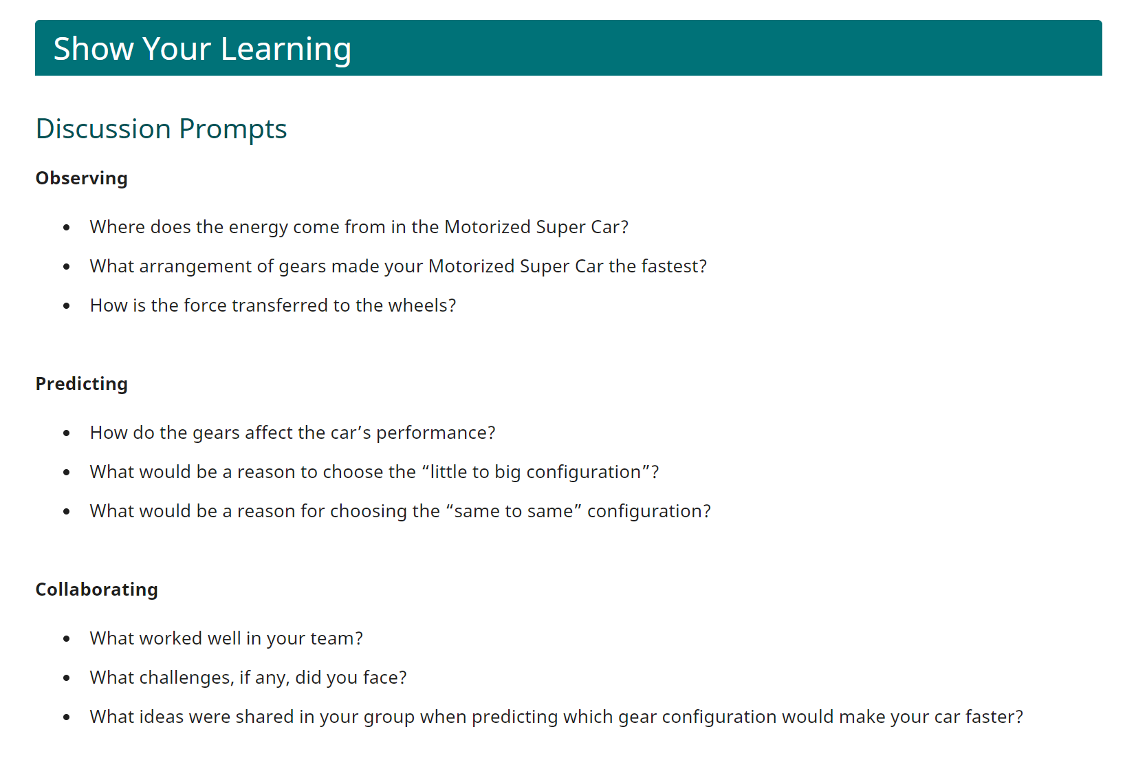 Schermafbeelding van de Share-sectie van een STEM-lab, ter illustratie van de typische opmaak van een Share-sectie.