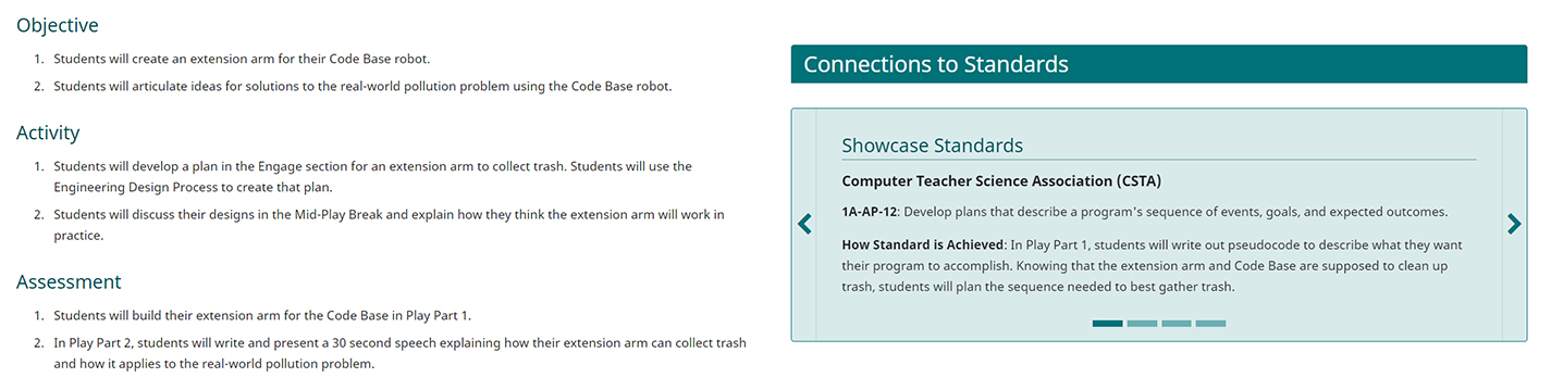 लक्ष्य और मानक पृष्ठ के उद्देश्य और मानकों से संबंध अनुभाग का स्क्रीनशॉट, यह दर्शाने के लिए कि मानकों पर जानकारी कहां मिल सकती है।