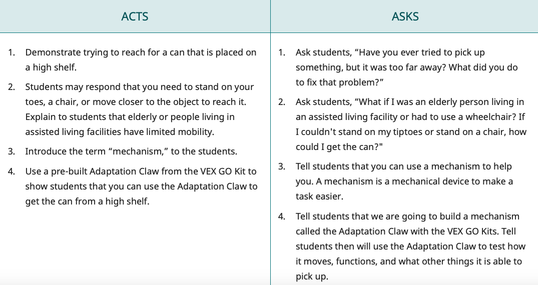 Screenshot des Abschnitts „Acts and Asks“ einer Engage-Seite mit einer Liste von Beispielaktionen und -fragen als Referenz für Lehrer.