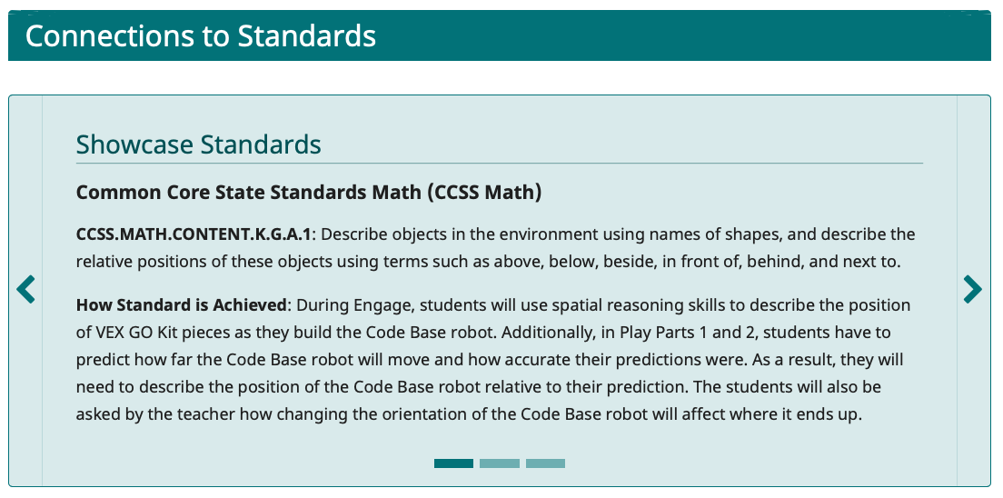 Screenshot des Abschnitts „Verbindung zu Standards“ einer Seite „Ziele und Standards“, um zu veranschaulichen, wo Informationen zu Standards zu finden sind.