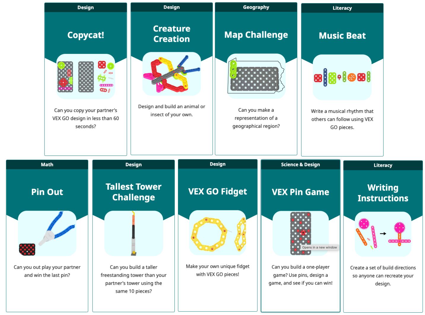 Deux rangées de tuiles d'activité VEX GO, chacune avec une miniature attrayante et une description du programme de l'activité.