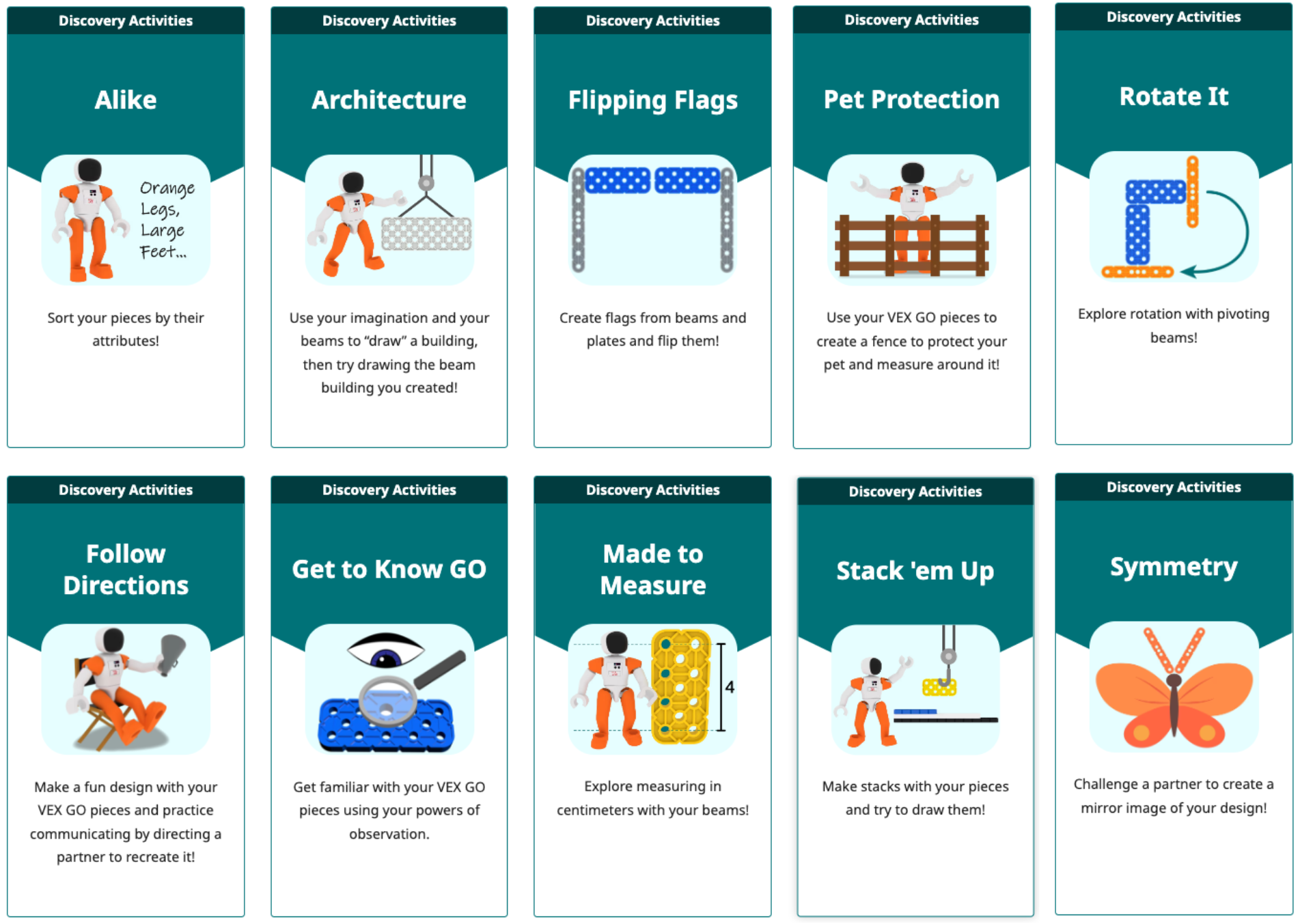 Két sor VEX GO Discovery Activity csempe, mindegyikben egy-egy vonzó bélyegkép és a felfedezési tevékenység tananyagának leírása.