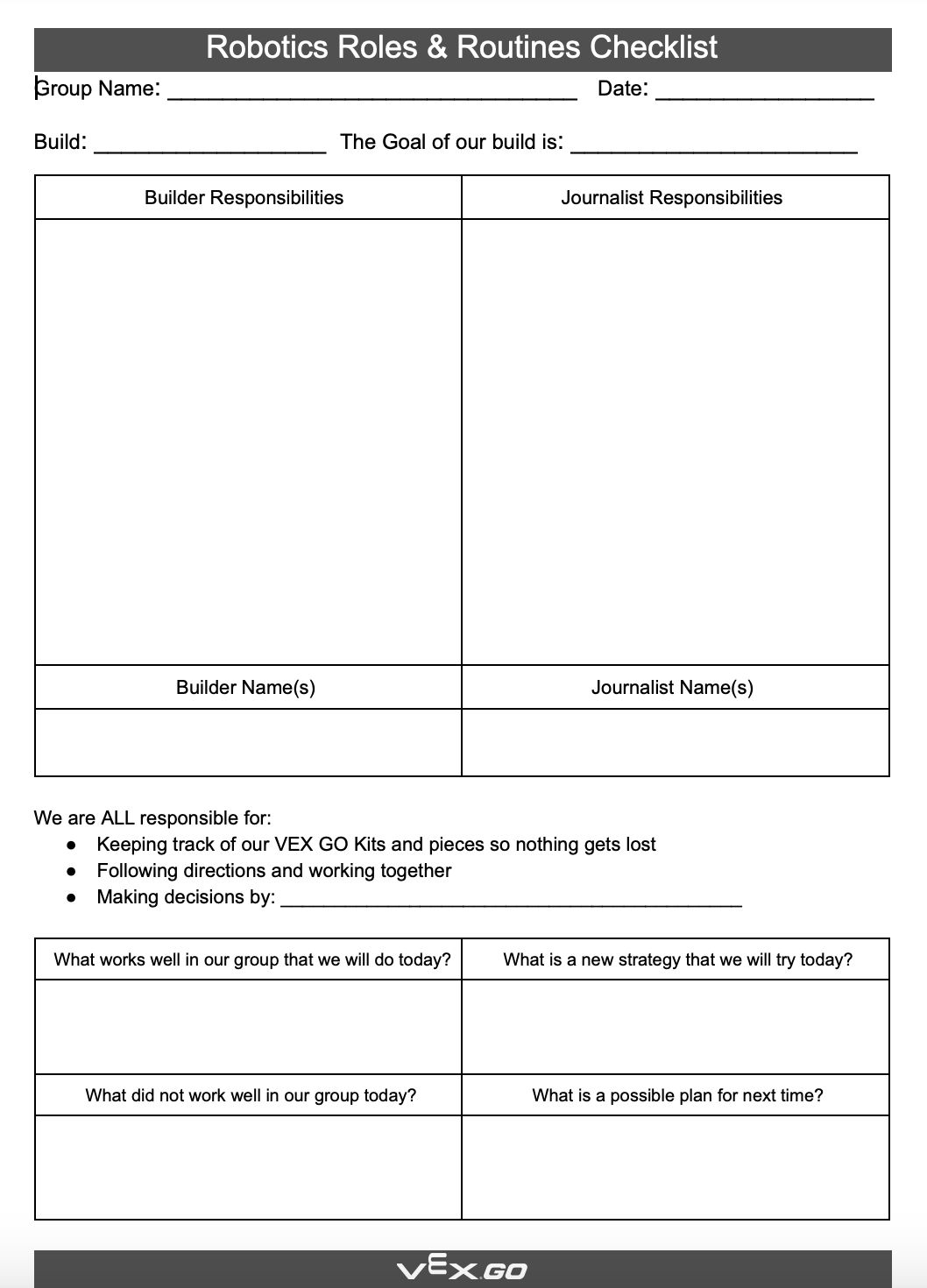 Captura de pantalla de la hoja de trabajo de la Lista de verificación de roles y rutinas de robótica, con espacios para que los estudiantes tomen notas sobre su grupo, roles y estrategias.