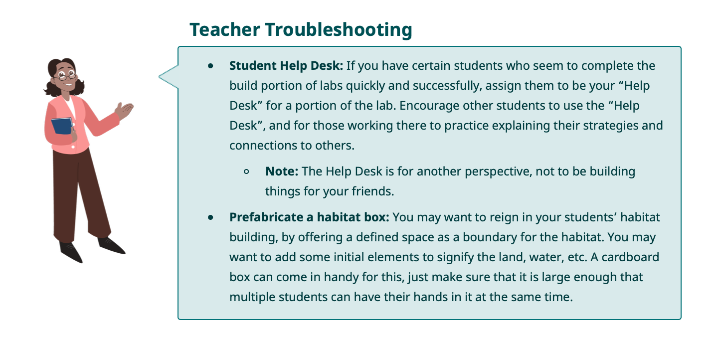 STEM ലാബ് നടത്തുന്ന അധ്യാപകർക്കുള്ള ഉപദേശത്തോടുകൂടിയ, ഒരു എൻഗേജ് പേജിലെ അധ്യാപക പ്രശ്‌നപരിഹാര വിഭാഗത്തിന്റെ സ്‌ക്രീൻഷോട്ട്.