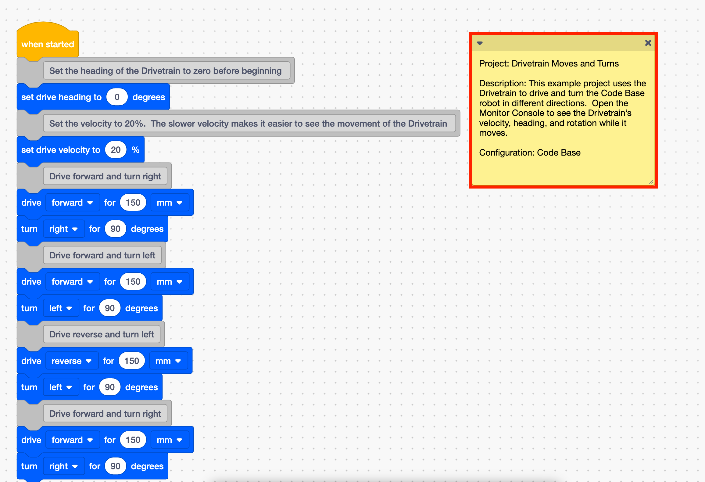 Projeto de blocos de exemplo aberto no VEXcode GO com a nota contendo uma descrição mostrada no espaço de trabalho e destacada.