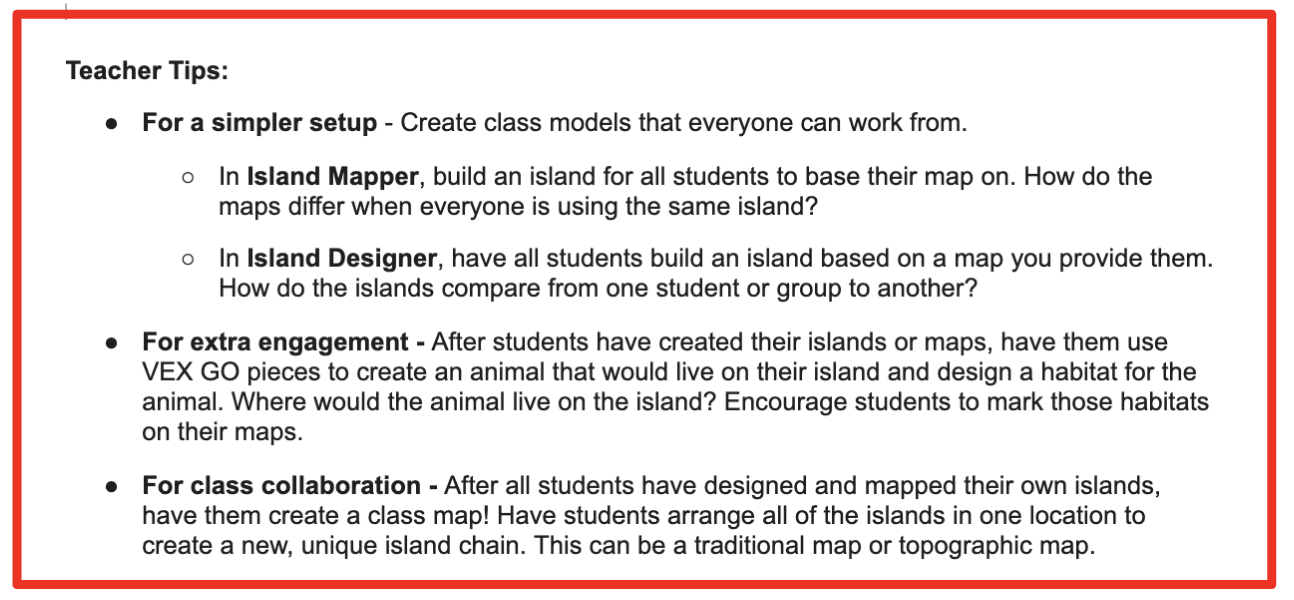 Screenshot des Abschnitts „Lehrertipps“ der Lehrernotizen in der Aktivitätsreihe „Island Expedition“, der als Beispiel verwendet wird.