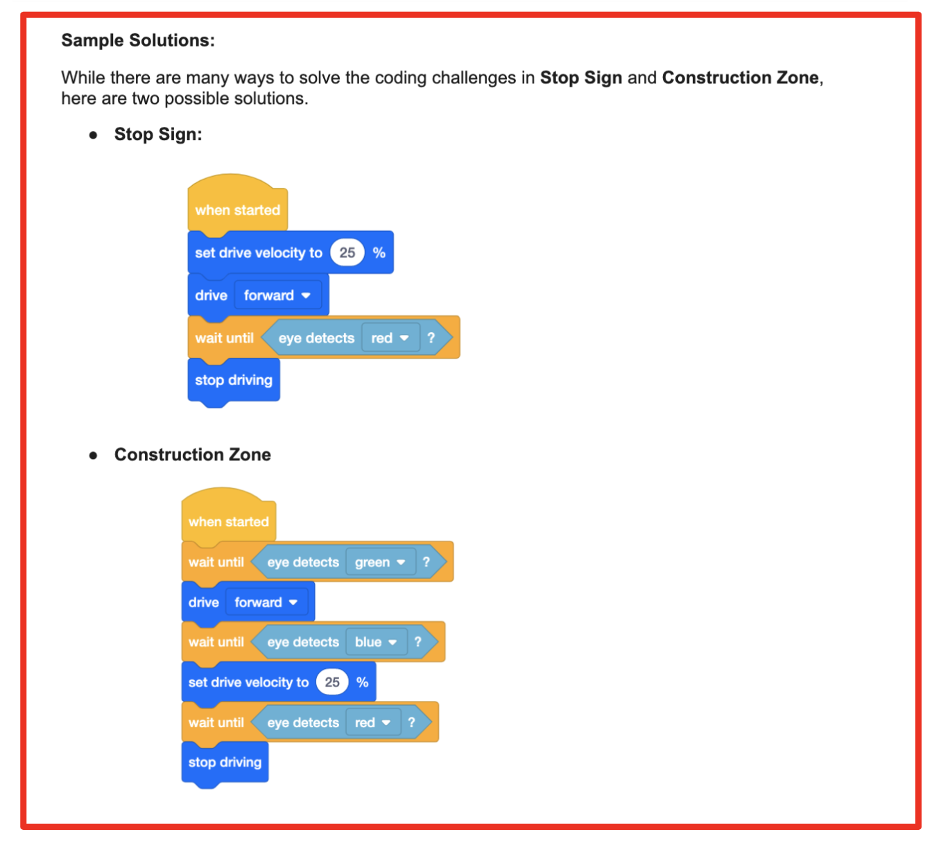 Screenshot della sezione Soluzioni campione delle Note per l'insegnante nella serie di attività Self-Driving Code Base, utilizzata come esempio.