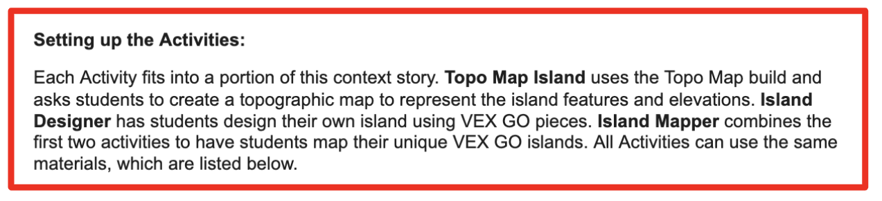 例として使用されている、Island Expedition Activity Series の教師用ノートの「アクティビティの設定」セクションのスクリーンショット。