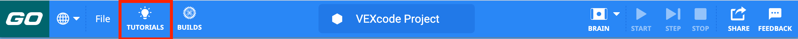 VEXcode GO -työkalupalkki, jossa Tutorials-painike on korostettuna Tiedosto- ja Rakenne-painikkeiden välissä.
