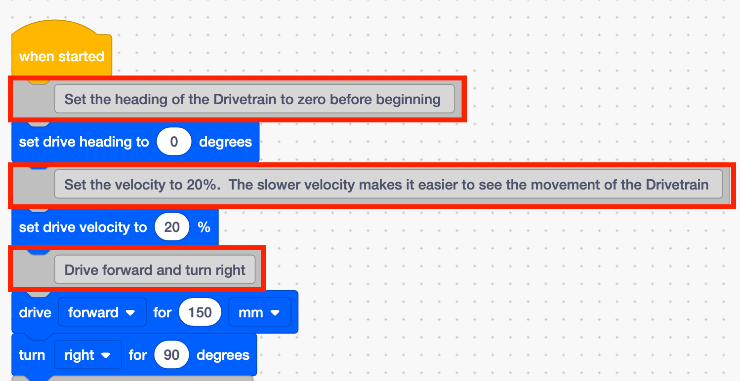 Exemple de blocs Projet ouvert dans VEXcode GO avec les blocs de commentaires du projet qui fournissent le contexte de code en surbrillance.