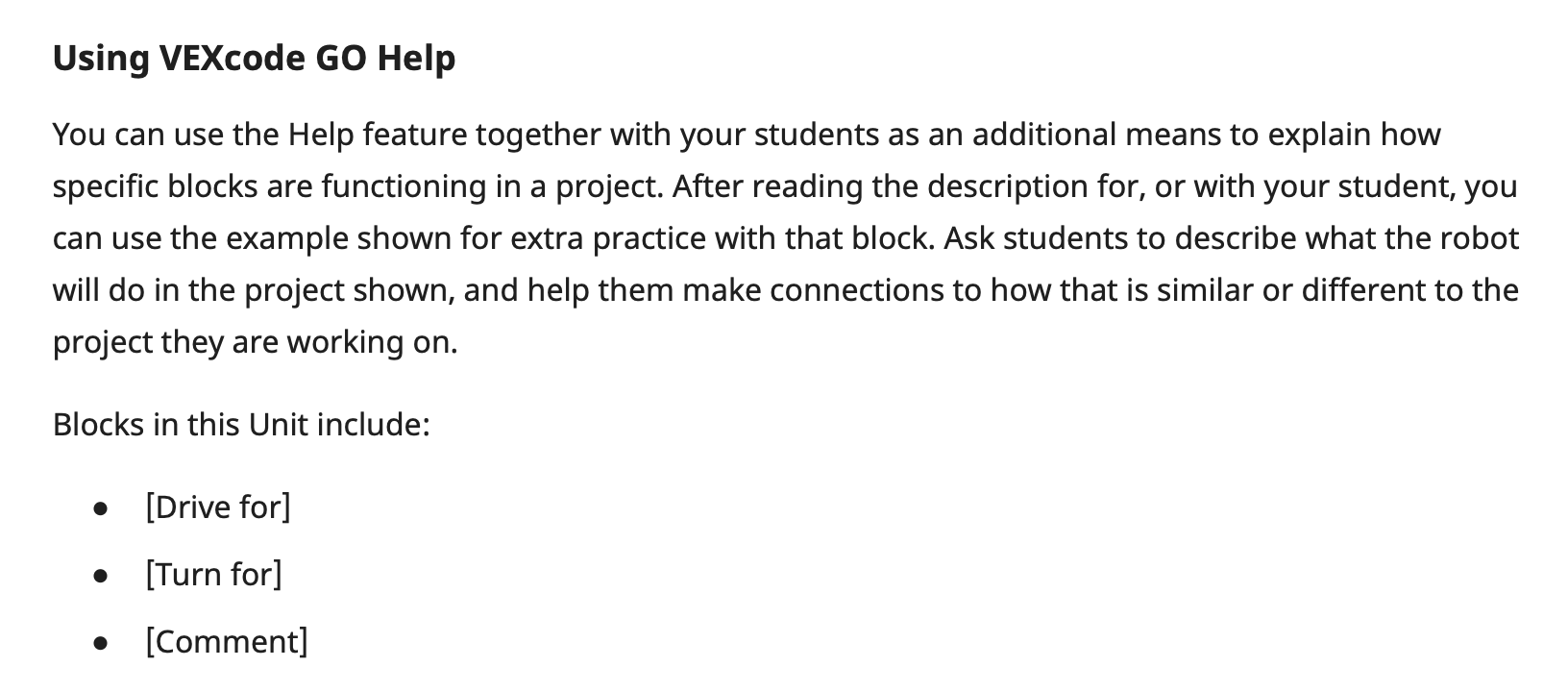 Знімок екрана розділу «Використання довідки VEXcode GO», який можна знайти в Посібнику з огляду модуля STEM.