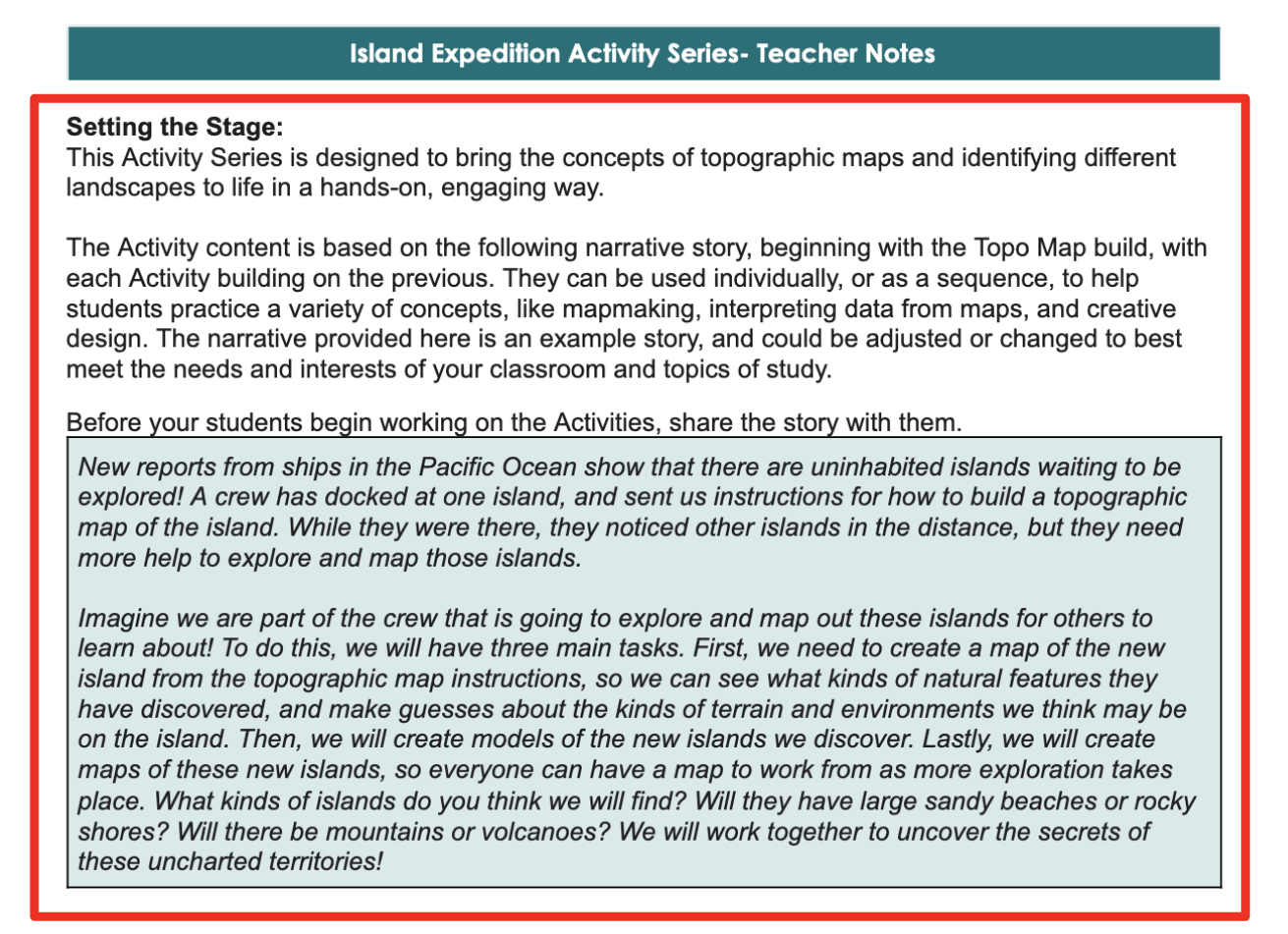 Capture d’écran de la section « Préparer le terrain » des Notes à l’intention de l’enseignant dans la série d’activités Expédition sur l’île, utilisée comme exemple. Une zone de texte en surbrillance représente le composant histoire de la série d’activités.