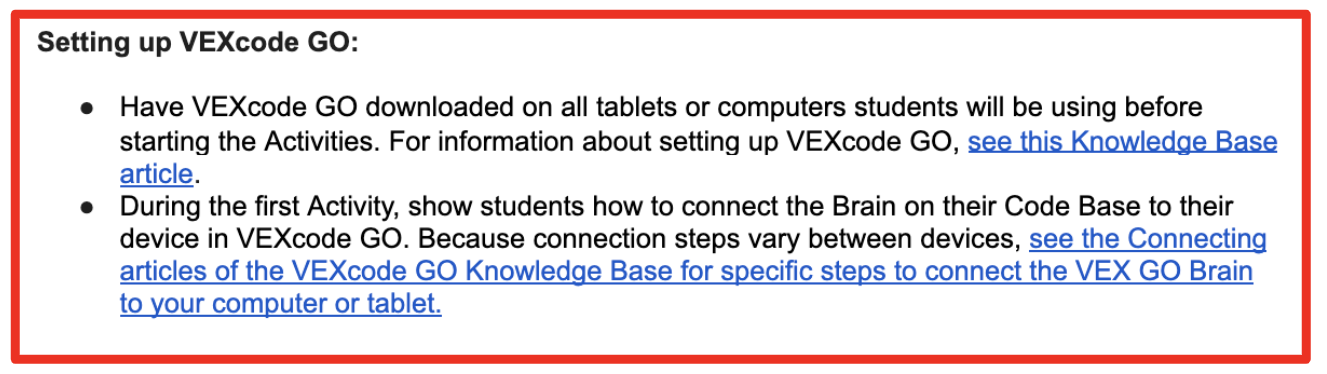 ภาพหน้าจอของส่วนการตั้งค่า VEXcode GO ของบันทึกสำหรับครูในชุดกิจกรรมฐานโค้ดการขับขี่ด้วยตนเอง ซึ่งใช้เป็นตัวอย่าง